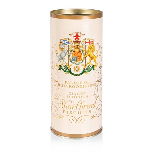 Cream biscuit tube featuring the Scottish coat of arms. Next to the tube is  pile of ginger shortbread biscuits.