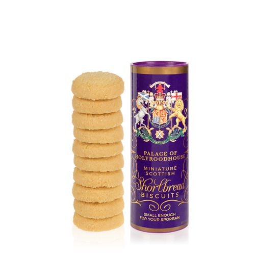 small tube of miniature shortbread biscuits. Tube is purple with Scottish crest printed on the front