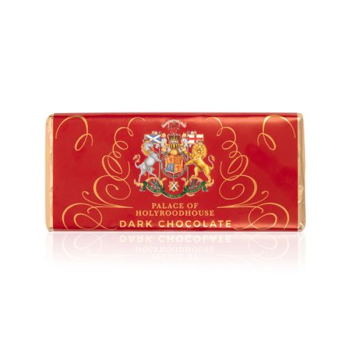 Chocolate bar wrapped in gold foil and red paper with gold foil squiggles. Palace of Holyroodhouse coat of arms at the centre.