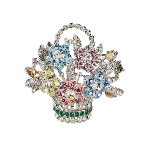 A basket of flowers brooch made from pastel colour crystals.