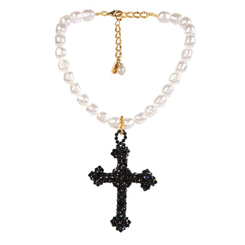 Pearl necklace with a black beaded cross drop