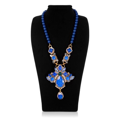 Blue beaded necklace with blue crystal drop pendant