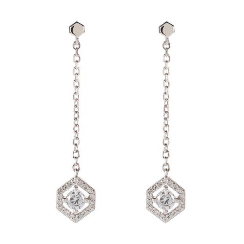 Hexagon earrings with a crystal at the centre on a drop chain.