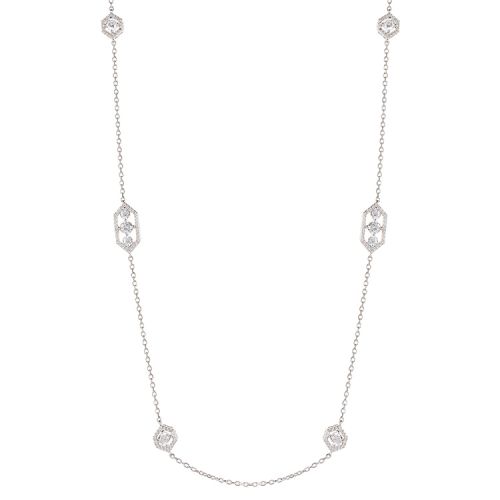 Long necklace on a silver chain featuring small crystal detail.