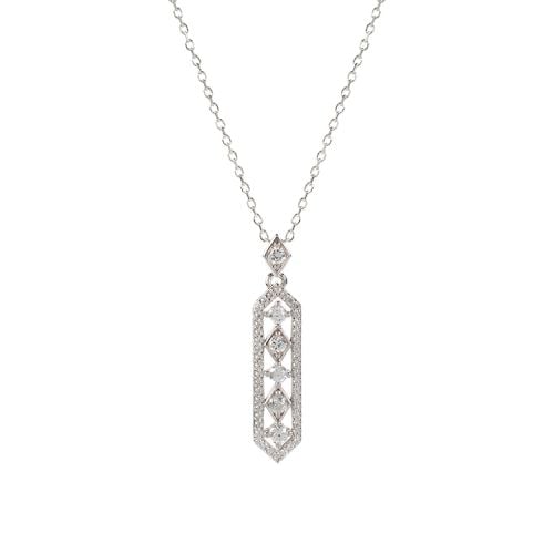 Silver chain with an oblong pendant drop featuring some diamond shaped crystals