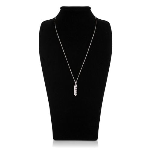 Silver chain with an oblong pendant drop featuring some diamond shaped crystals