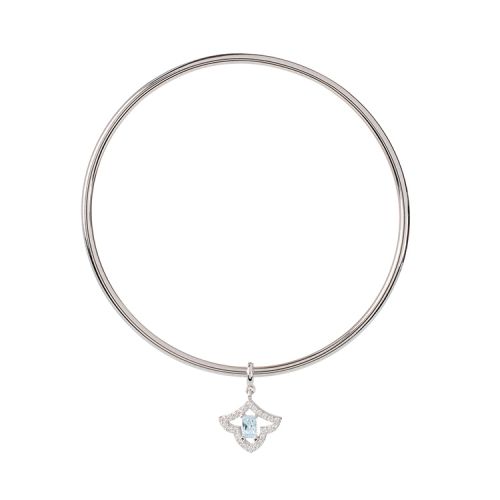 Silver bangle with a drop of a silver symbol with a pale blue crystal at the centre.