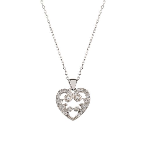 Silver heart shaped necklace with intricate details on a chain 