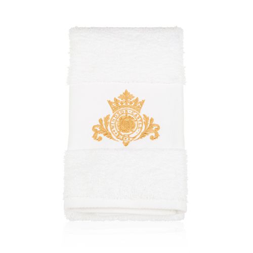 white cotton tea towel with Windsor Castle garter embroidered in gold threads