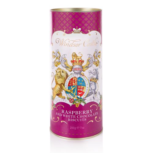 Purple cardboard tube of raspberry and white chocolate biscuits. The lion and unicorn crest is at the centre of the design underneath the words 'Windsor Castle'