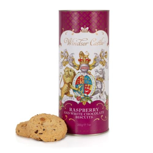 Purple cardboard tube of raspberry and white chocolate biscuits. The lion and unicorn crest is at the centre of the design underneath the words 'Windsor Castle.' Next to the tube feature two biscuits