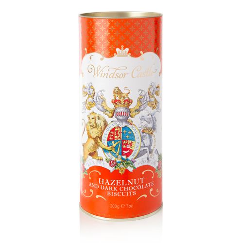 Orange cardboard tube of Hazelnut and dark chocolate biscuits. The lion and unicorn crest is at the centre of the design underneath the words 'Windsor Castle'