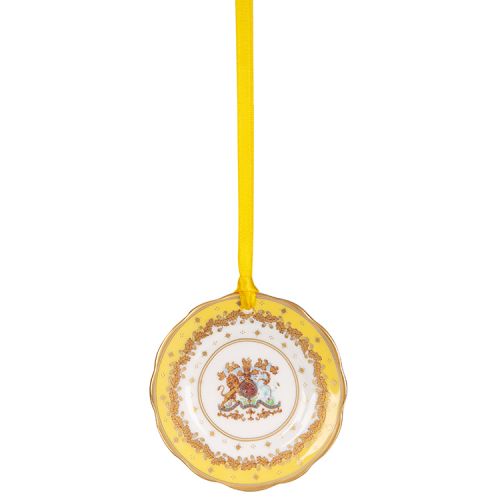 Miniature yellow plate with gold crown detail. It is  hanging from a yellow ribbon