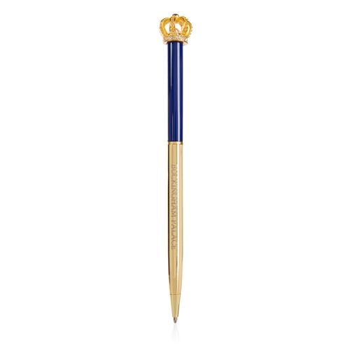 Buckingham Palace pen. Topped with a gold coloured crown. The bottom half of the ballpoint pen is gold and the top half is blue