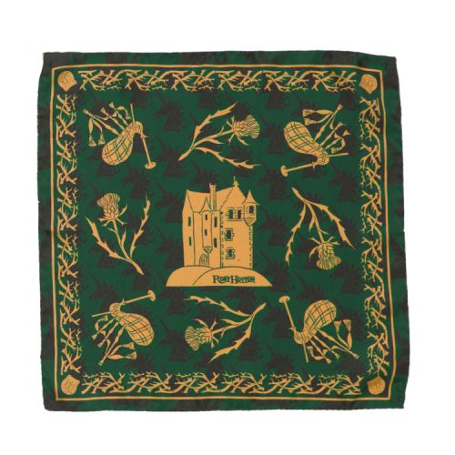green silk pocket scarf featuring a castle at the centre and surrounded by bagpipes, thistles and unicorn motifs