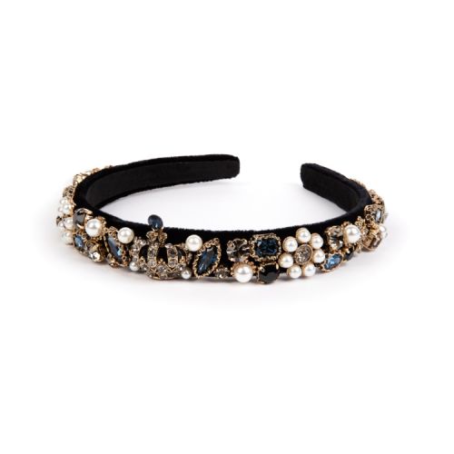 Navy velvet hairband with costume pearls, crystals and metal decoration.