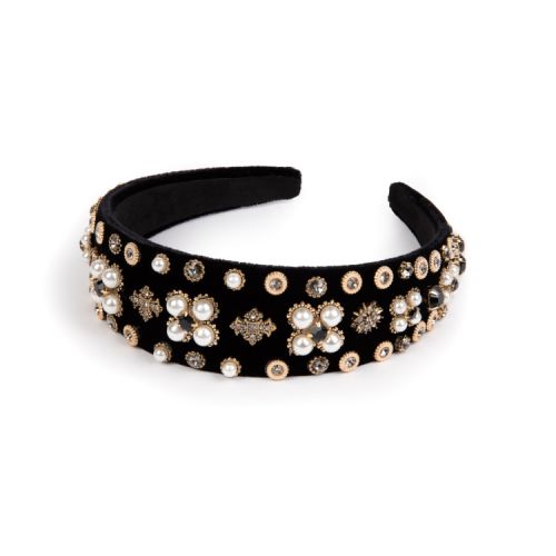 black velvet wide hairband with costume pearls and Czech crystals.