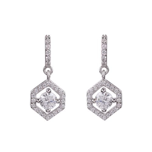 Hexagon shaped drop earrings with a crystal centre