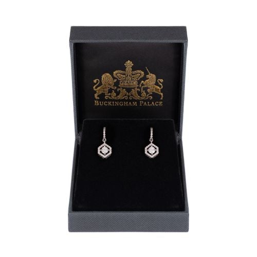 Hexagon shaped drop earrings with a crystal centre