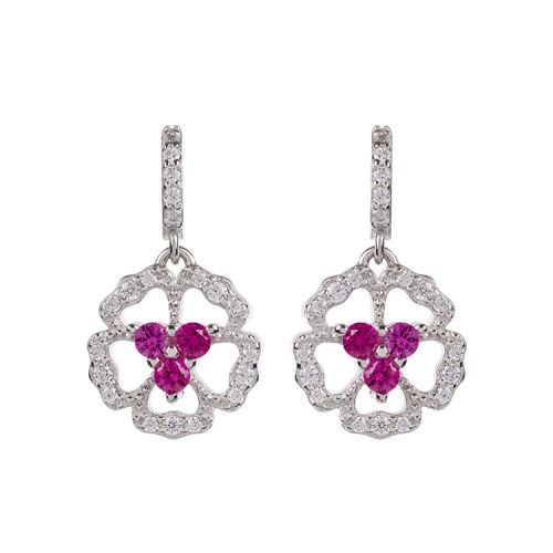 Drop earrings which form a beautiful wreath of roses, with diamonds making the exquisite petals and striking rubies are at the centre of the flowers.