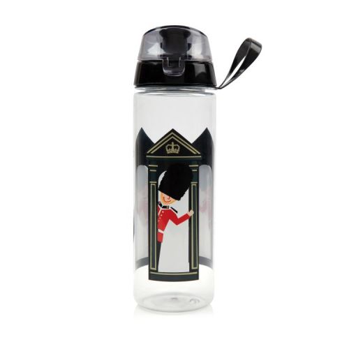 A children's reusable water bottle printed with a waving guardsman image