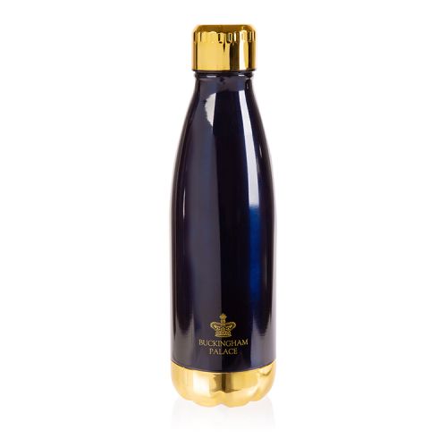 blue metal water bottle with gold lid and printed with Buckingham Palace and a crown in gold