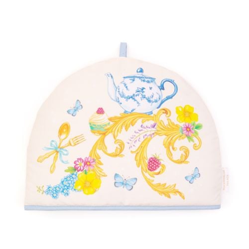 Tea cosy printed with florals and other royal summertime emblems