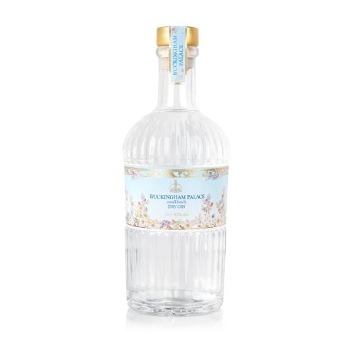 Buckingham Palace Dry gin. With blue floral label and texture clear glass bottle. 