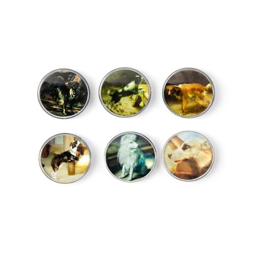 six glass circular magnets depicting different paintings of dogs