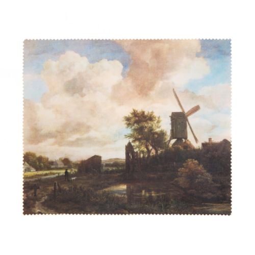 A lens cloth printed with Van Ruisdael, Evening Landscape: a Windmill by a Stream c.1650