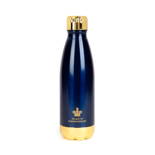 Blue metal water bottle with a gold lid and base. Printed with a gold 'Palace of Holyroodhouse' and a crown.