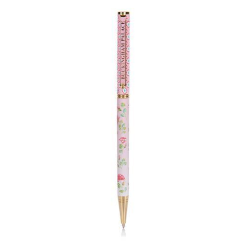 A ballpoint pen featuring a pink rose design and printed with the words 'Buckingham Palace.'
