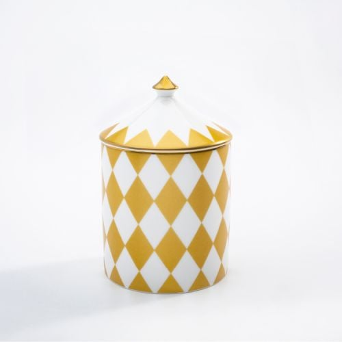 Fine bone English china candle pot printed with white and gold geometric, symmetrical print. The candle has a lid with a gold gilding finish.