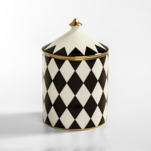 Fine bone English china candle printed in a black and white geometric and symmetrical pattern. The candle has a lid finished with a gold gilding finish.