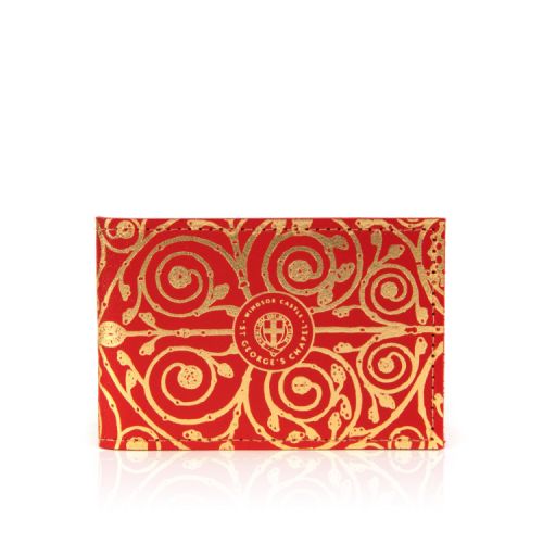 red and gold card holder with a design inspired by the Gilebertus doors at St. George's Chapel, Windsor Castle