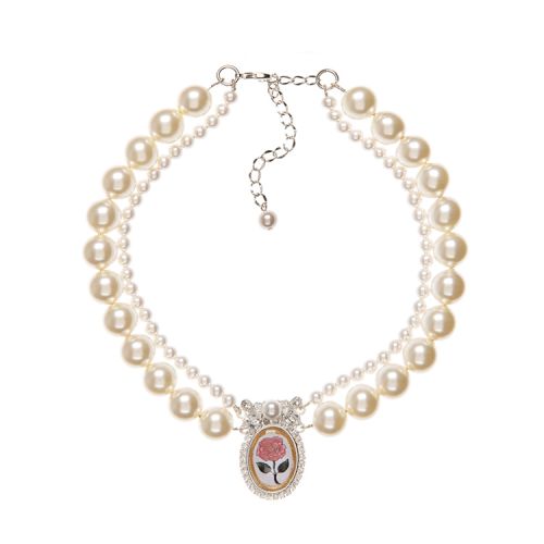 Two rows of pearls with a pink rose pendant surrounded by crystals