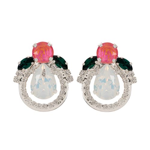 pink, green and clear crystal earrings formed in a floral shape.