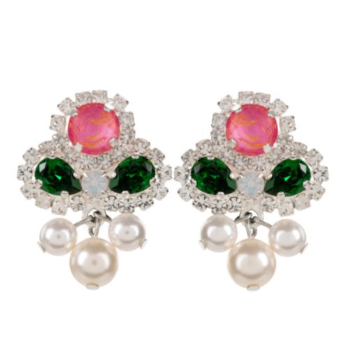 Pink, Green and clear crystal earrings forming a flower with a pearl drop