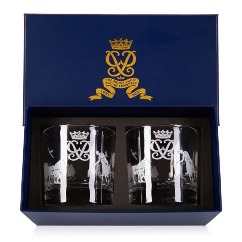 This magnificent pair of traditional glass whisky tumblers are skilfully engraved with the pursuits and passions of The Duke of Edinburgh, including cricket and carriage driving. The central element of each glass is The Duke of Edinburgh's personal Cypher