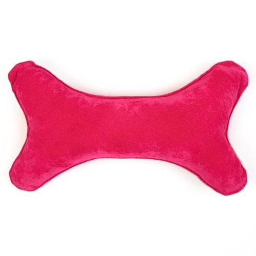 Bone shaped dog toy made with pink dog printed material and a leather 