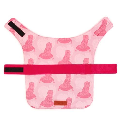 Pet coat made using pink dog print with a pink velcro strap across
