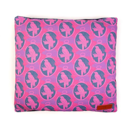 Square pet cushion made with blue and purple parrot material
