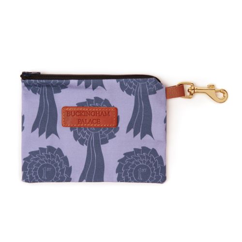 Pet treat pouch printed in a blue rosette print with a zip and a leather tag saying Buckingham Palace
