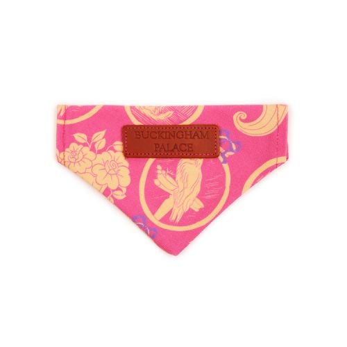 Pet bandana made using a pink material printed with yellow parrots and cats. A brown leather tag is sewn onto the front saying 'Buckingham Palace'