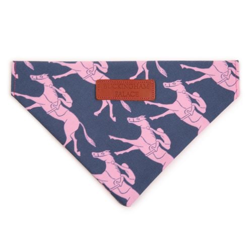 Navy bandana printed with pink racing horses and a Buckingham Palace leather tag