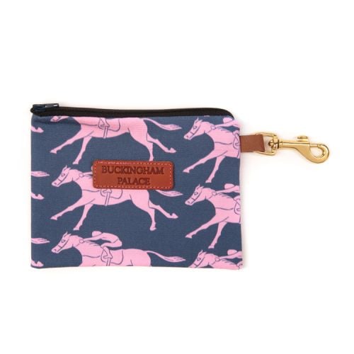 Navy treat pouch printed with pink racing horses, a leather Buckingham Palace tag and a gold clip