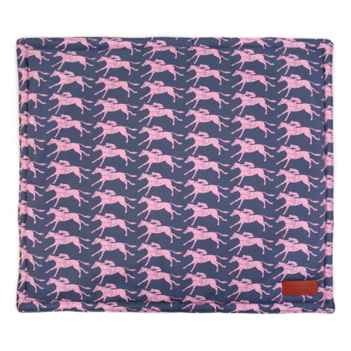 Navy square printed with pink racing horses and a Buckingham Palace leather tag