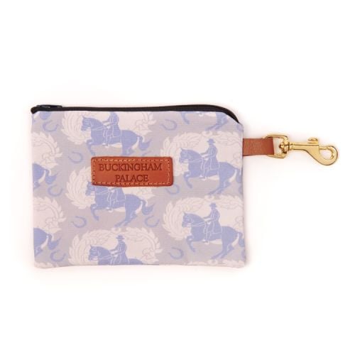 Treat pouch made with grey material printed with grey horses and a leather Buckingham Palace tag and clip