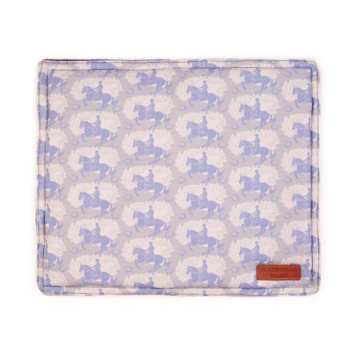 Grey square pet blanket printed with light blue horses