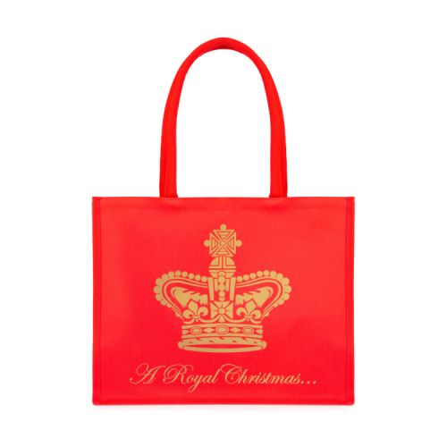 red juco bag displaying a gold crown and the words 'A Royal Christmas'